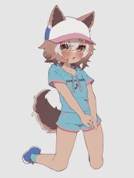 1girl animal_ears aqua_hoodie aqua_shorts aqua_socks baseball_cap blue_footwear blush brown_eyes brown_hair dog_ears dog_girl dog_tail ears_through_headwear foreshortening grey_background hat kemono_friends kneeling leg_up looking_at_viewer masaratta multicolored_hair new_guinea_highland_wild_dog_(kemono_friends) open_mouth own_hands_together shoes short_hair shorts simple_background sneakers socks solo streaked_hair tail v_arms white_hair 