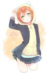  1girl :p animal_hood cat_hood cora_stt dated green_eyes hand_in_pocket happy_birthday holding_ears hood hoodie hoshizora_rin love_live!_school_idol_project no_legs orange_hair pin short_hair skirt solo tongue tongue_out 