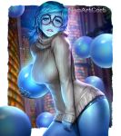  1girl blue_hair blue_skin breasts denim denim_shorts glasses inside_out large_breasts lips looking_at_viewer nail_polish nudtawut_thongmai parted_lips ribbed_sweater sadness_(inside_out) short_hair short_shorts shorts solo sweater tears thighs 