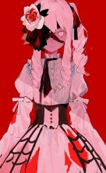  1other akiyama_mizuki bow closed_mouth covered_eyes dress drill_hair flower frills hair_flower hair_ornament hair_ribbon highres keikyoku_no_machi_wa_doko_e_(project_sekai) lace-trimmed_ribbon lace_trim long_hair long_sleeves looking_at_viewer official_alternate_costume one_eye_in_shadow pink_eyes pink_hair project_sekai red_background ribbon shirt side_drill side_ponytail sidelocks simple_background solo white_dress yuuli_(tuna221022) 