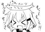  &gt;_&lt; 1girl closed_eyes commentary_request fang fish hair_ornament hairclip happy ikazuchi_(kantai_collection) kantai_collection monochrome open_mouth oshiruko_(uminekotei) saury short_hair 