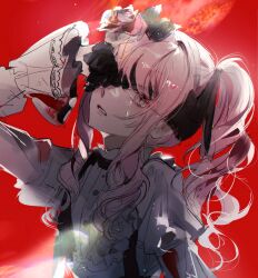  1other absurdres akiyama_mizuki bow covered_eyes dress drill_hair flower frills hair_flower hair_ornament hair_ribbon highres keikyoku_no_machi_wa_doko_e_(project_sekai) long_hair long_sleeves mop_0211 official_alternate_costume one_eye_in_shadow pink_eyes pink_hair project_sekai red_background ribbon shirt side_ponytail sidelocks simple_background solo tears tears_from_one_eye upper_body white_dress 