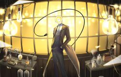  1other black_gloves black_pants brooch brown_coat buttons cable coat collared_shirt commentary_request contrapposto den_a_rue double-breasted dress_pants dress_shirt electric_plug electric_plug_tail facing_viewer fisheye flask funnel_(tool) gloves hands_in_pockets head_tilt hoshi_mori indie_virtual_youtuber indoors jewelry light_bulb long_coat long_sleeves object_head official_art other_focus panorama pants second-party_source shirt solo standing suit tail virtual_youtuber volumetric_flask white_shirt wing_collar 