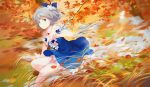  1girl alternate_costume autumn autumn_leaves bangs bare_shoulders blue_bow blue_dress blue_eyes blue_flower blue_hair bow cirno closed_mouth detached_collar dress flower grass hair_bow hair_flower hair_ornament highres ice ice_wings jq leaf looking_at_viewer outdoors petals ribbon short_hair small_breasts smile solo touhou tree white_flower wings 