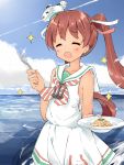  1girl :d ^_^ brown_hair closed_eyes commentary_request food fork hair_ribbon hat kantai_collection libeccio_(kantai_collection) long_hair open_mouth pasta ribbon sailor_dress sedona smile solo twintails 