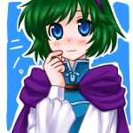  1girl 74 :3 blue_eyes blush blush_stickers cape character_name fire_emblem fire_emblem:_rekka_no_ken green_hair hairband hand_on_own_cheek long_sleeves nino_(fire_emblem) short_hair simple_background smile solo translated 