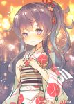  1girl akatsuki_(kantai_collection) alternate_costume alternate_hairstyle blush commentary_request cowboy_shot fingers_together fireworks frown hair_ornament japanese_clothes kantai_collection kimono long_hair looking_at_viewer purple_hair solo suzuho_hotaru sweatdrop twitter_username violet_eyes yukata 