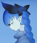  1girl animal_ears bangs blue blue_background bow braid cat_ears closed_eyes extra_ears facing_away from_side hair_bow kaenbyou_rin mizuga monochrome no_mouth pointy_ears portrait profile simple_background solo touhou 