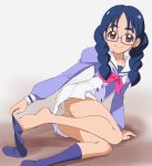  1girl ass barefoot blue_hair braid glasses go!_princess_precure grey-framed_glasses haruyama_kazunori long_hair nanase_yui panties precure red_eyes school_uniform semi-rimless_glasses skirt smile socks socks_removed solo twin_braids twintails under-rim_glasses underwear white_panties white_skirt 