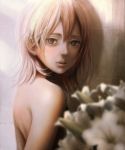  1girl arms_behind_back black_eyes blurry depth_of_field flower highres light lips looking_at_viewer looking_back muted_color nude open_mouth original pink_hair sho_(shoichi-kokubun) solo upper_body wall 