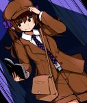  &gt;:) 1girl bag book bow brown_jacket brown_shorts checkered_necktie collared_shirt commentary_request fang hair_bow hat hat_tip himekaidou_hatate holding holding_book jacket mid_win_h necktie pointy_ears purple_bow shirt shorts shoulder_bag solo touhou twintails violet_eyes white_shirt 