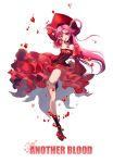  1girl :d another_blood arched_back bare_shoulders black_legwear blood character_name choker demonbane detached_sleeves dress flower frilled_dress frilled_sleeves frills full_body hat highres kirsos long_hair looking_at_viewer one_leg_raised open_mouth pink_hair raised_hand red_dress red_eyes ribbon rose simple_background sleeves_past_wrists smile solo tattoo two_side_up white_background wide_sleeves 