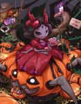  1girl artist_name basket black_hair black_legwear bow broken_heart candle candy costume cup dress extra_arms fangs fire hair_bow halloween hat heart highres horns insect_girl jack-o&#039;-lantern muffet night night_sky one_eye_closed pumpkin purple_fire red_dress riding scarecrow short_hair silk sky spider spider_girl spider_web sunglasses tagme teacup teapot trick_or_treat undertale waddy 
