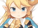  1girl 3: 3:&lt; blonde_hair blue_eyes blush breastplate charlotte_(granblue_fantasy) close-up dakimakura face gauntlets granblue_fantasy jingai_modoki long_hair looking_at_viewer lying on_back pointy_ears puffy_short_sleeves puffy_sleeves short_sleeves solo 