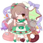  1girl ;q bird blush bow brown_eyes brown_hair candy character_name chef_hat chef_uniform chibi chocolate cookie cooking cream cursive doughnut earrings food fruit hat jewelry long_hair looking_at_viewer love_live!_school_idol_project macaron minami_kotori minami_kotori_(bird) mityennn mixing_bowl one_eye_closed ribbon smile solo strawberry tongue tongue_out toque_blanche whisk 