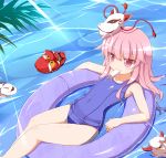  1girl alternate_hairstyle blush covered_navel expressionless flat_chest fox_mask hata_no_kokoro innertube long_hair mask nikku_(ra) one-piece_swimsuit oni_mask pink_eyes pink_hair popsicle revision school_swimsuit solo swimsuit touhou water 