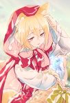  1girl animal_ears bangs basket blonde_hair bow butterfly_on_hand eyelashes green_bow hair_between_eyes hand_on_own_head hooded_cloak kaze-hime little_red_riding_hood little_red_riding_hood_(grimm) long_sleeves parted_lips red_bow red_eyes red_hood short_hair slit_pupils solo tail upper_body 