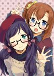  2girls :o ;) beret bespectacled blue_eyes blush bow brown_hair commentary_request glasses green_eyes hat highres kousaka_honoka love_live!_school_idol_project matsuri_(artist) multiple_girls one_eye_closed one_side_up purple_hair semi-rimless_glasses signature smile toujou_nozomi twintails under-rim_glasses v yellow_bow 