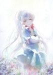  1girl blue_eyes crossed_arms flower highres jewelry long_hair necklace ponytail ricemo rwby scar scar_across_eye side_ponytail solo very_long_hair weiss_schnee white_hair 