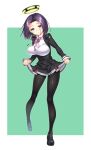  1girl black_legwear blush breasts full_body kantai_collection large_breasts loafers looking_at_viewer mechanical_halo pantyhose purple_hair school_uniform shoes short_hair simple_background solo tatsuta_(kantai_collection) tel underbust violet_eyes 
