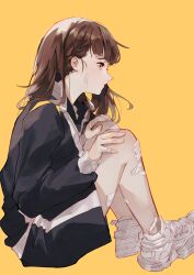  1girl absurdres bandaid bandaid_on_cheek bandaid_on_face bandaid_on_leg black_bow black_jacket black_shorts bow braid brown_hair closed_mouth commentary_request dms full_body gym_uniform hair_bow hasu_no_sora_gym_uniform highres jacket kachimachi_kosuzu link!_like!_love_live! long_hair long_sleeves love_live! pink_eyes profile shoes shorts side_braids simple_background sneakers solo straight_hair track_jacket virtual_youtuber white_shoes yellow_background 