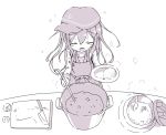  1girl akatsuki_(kantai_collection) anchor_symbol apron closed_eyes commentary_request cooking curry curry_rice cutting_board flat_cap food hat highres kantai_collection knife komaruri ladle long_hair monochrome open_mouth pot rice rice_spoon school_uniform serafuku 