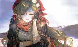  1girl ^_^ blonde_hair blue_sky brown_gloves brown_jacket closed_eyes clouds cloudy_sky flower gloves hair_flower hair_ornament hand_on_own_arm hand_on_own_head highres hill jacket long_hair open_mouth outdoors red_headscarf red_scarf reverse:1999 scarf shirt sky solo upper_body very_long_hair vila_(reverse:1999) weiyan_(nbnbmwnl) white_flower white_shirt 