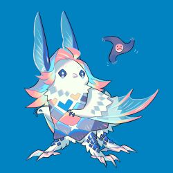  amabie blue_background blue_hair colored_inner_hair creature eda full_body multicolored_hair no_humans original pink_hair simple_background solo standing winged_arms wings 