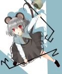  1girl animal_ears capelet dowsing_rod dress grey_hair highres jewelry jinggu_shirokawa lazy_eye long_sleeves mouse mouse_ears mouse_tail nazrin pendant red_eyes short_hair simple_background solo tail touhou 