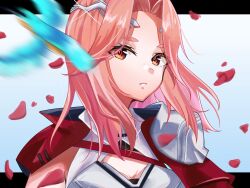  1girl armor bird black_gloves blue_bird breasts capelet e69465 falling_petals gloves heaven_burns_red highres large_breasts maria_de_angelis parted_bangs petals red_capelet red_eyes red_hair shoulder_armor solo 