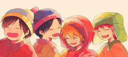  4boys animification black_hair blue_hat blush brown_hair buttons closed_eyes collared_jacket commentary_request eric_cartman fur-trimmed_hood fur_trim green_hat hair_between_eyes hand_on_another&#039;s_shoulder hand_up happy hat hood hooded_jacket jacket kenny_mccormick kyle_broflovski male_focus multiple_boys open_mouth orange_hair orange_jacket pom_pom_(clothes) red_hair red_jacket short_hair simple_background smile south_park stan_marsh tamago_(bolo) upper_body white_background yellow_jacket 