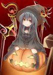  1girl black_hair boots cardcaptor_sakura check_commentary commentary_request creek_(moon-sky) fate/hollow_ataraxia fate_(series) fuuin_no_tsue halloween hat highres long_hair lyrical_nanoha magical_ruby mahou_shoujo_lyrical_nanoha mop original pumpkin raising_heart sitting_on_object staff wand witch witch_hat yellow_eyes youjo_(creek_(moon-sky)) 