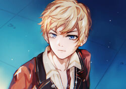  1boy bishoujo_senshi_sailor_moon blazer blonde_hair blue_eyes chinese_commentary clenched_teeth collared_jacket collared_shirt commentary_request derivative_work determined earrings eyelashes gleam hair_over_shoulder highres jacket jewelry lapels light_particles loen_(shining_nikki) long_sleeves looking_ahead male_focus meme nikki_(series) notched_lapels red_jacket sailor_moon_redraw_challenge_(meme) screenshot_redraw shining_nikki shirt short_hair solo stars_zhangzhang stud_earrings teeth thick_eyebrows tile_floor tiles upper_body v-shaped_eyebrows white_shirt 