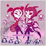  2girls aa2233a bow character_name crossed_legs crossover cup elise_(league_of_legends) fangs league_of_legends muffet multiple_arms multiple_eyes multiple_girls picket_sign short_hair silk smile spider spider_girl spider_web teacup trait_connection undertale 