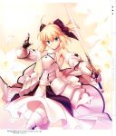  1girl absurdres ahoge armor armored_dress blonde_hair fate/stay_night fate/unlimited_codes fate_(series) gauntlets green_eyes hair_ribbon highres official_art pantyhose ponytail ribbon saber saber_lily solo sword takeuchi_takashi weapon 
