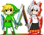  &gt;:&lt; 1boy 1girl animal_ears belt black_eyes blonde_hair boots chibi commentary_request crossed_swords detached_sleeves empty_eyes frown green_hat hat inubashiri_momiji katsumi5o link master_sword pointy_ears pom_pom_(clothes) red_eyes serious shield side-by-side silver_hair skirt sword tail the_legend_of_zelda tokin_hat toon_link touhou tunic turtleneck weapon wolf_ears wolf_tail 