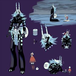  1boy 1other black_pants black_skin blue_hair bodypaint chaps cloak colored_inner_hair colored_skin drum eda english_commentary giant horns instrument long_hair mask multicolored_hair multiple_views original pants pelvic_curtain sky:_children_of_the_light sky_child white_eye white_hair 