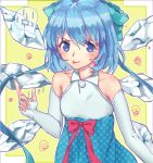  1girl :q alternate_costume bare_shoulders blue_eyes blue_hair bow bridal_gauntlets character_name cirno dress ice ice_wings neizang polka_dot portrait short_hair smile solo tongue tongue_out touhou wings 