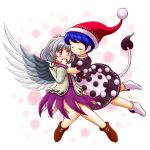  2girls black_dress blue_hair blush brown_jacket brown_shoes closed_eyes covering_mouth doremy_sweet dress embarrassed grey_hair grey_wings hand_on_another&#039;s_head hat kishin_sagume knees_together_feet_apart looking_at_another multicolored_dress multiple_girls nightcap nitamago purple_dress red_eyes shoes short_dress short_hair single_wing smile tail touching touhou wavy_mouth white_background white_dress white_legwear wings 