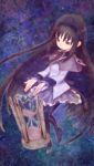  1girl akemi_homura black_hair broken_glass capelet empty_eyes expressionless floating full_body glass hairband highres hourglass long_hair long_sleeves looking_down mahou_shoujo_madoka_magica outstretched_hand p-suke_(psuke0512) pantyhose skirt solo very_long_hair violet_eyes 