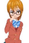  1girl bespectacled bowtie brown_eyes brown_hair futari_wa_precure glasses looking_at_viewer manji_(tenketsu) misumi_nagisa precure school_uniform short_hair simple_background sketch smile solo white_background 