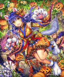  2girls :d animal_ears aqua_eyes blonde_hair blue_hair breasts cleavage company_name detached_sleeves dress dutch_angle ells flower frills grave jack-o&#039;-lantern multiple_girls obi open_mouth orange_eyes pink_hair pumpkin sash sengoku_saga smile tree watermark wide_sleeves 