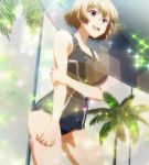  1girl :d breasts brown_hair collarbone cowboy_shot glasses highres kusakabe_kagami large_breasts one-piece_swimsuit open_mouth palm_tree rakudai_kishi_no_cavalry round_teeth screencap short_hair smile solo sparkle swimsuit teeth tree violet_eyes 