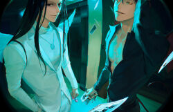  2boys absurdres ace_(playing_card) ace_of_spades angel_wings black_eyes black_hair black_shirt candy card commentary demon_tail demon_wings dongzak_o0 elevator_door fisheye floating_card food gon_freecss highres hisoka_morow holding holding_candy holding_card holding_food holding_lollipop hunter_x_hunter indoors jacket jewelry joker_(playing_card) light_smile lollipop looking_at_viewer male_focus multiple_boys necklace partially_unbuttoned playing_card pov_peephole red_hair shirt spade_(shape) suit_jacket tail three_of_diamonds tongue tongue_out two_of_hearts white_jacket white_shirt wings yellow_eyes 