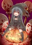  1girl black_hair blood bloody_clothes boots commentary creek_(moon-sky) halloween hat highres long_hair original pumpkin sitting_on_object staff witch witch_hat yandere yellow_eyes youjo_(creek_(moon-sky)) 