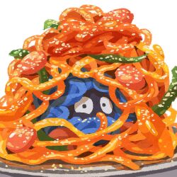  commentary_request food highres in_food meatball miclot no_humans parmesan_cheese pasta plate pokemon pokemon_(creature) simple_background tangela white_background 