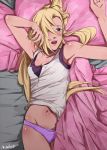  1girl bed blanket blonde_hair blush breasts cleavage cowboy_shot hair_over_one_eye long_hair lying messy_hair naruto navel on_back on_bed one_eye_closed open_mouth panties pillow ponytail purple_panties sbel02 signature sleeveless solo striped striped_panties tears underwear very_long_hair yamanaka_ino 