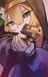  1girl absurdres aiming black_coat black_hat blue_archive blue_eyes closed_mouth coat desert_eagle dress flower gun hair_between_eyes hair_flower hair_ornament handgun hat highres holding holding_gun holding_weapon long_hair mari_(blue_archive) nun orange_hair rescat sidelocks weapon white_dress white_flower 