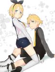  1boy 1girl ama_mitsuki arm_support blonde_hair blush boots brother_and_sister casual clover hair_ornament hair_ribbon hand_on_head kagamine_len kagamine_rin kneeling looking_at_viewer ribbon sailor_collar short_hair short_ponytail shorts siblings sitting straddling suspenders thigh-highs thigh_boots twins vocaloid 