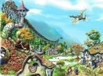  1boy airship animal artist_request blonde_hair bridge chimney clouds grandia grandia_iii horns house landscape mountain official_art outdoors railroad_tracks river scenery sky tagme town tree village 